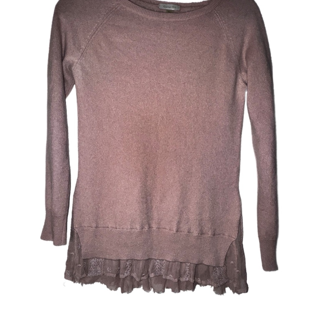 Garnet Hill Cashmere Sweater Shirttail Lace Embroidered Hem Mauve Light Pink